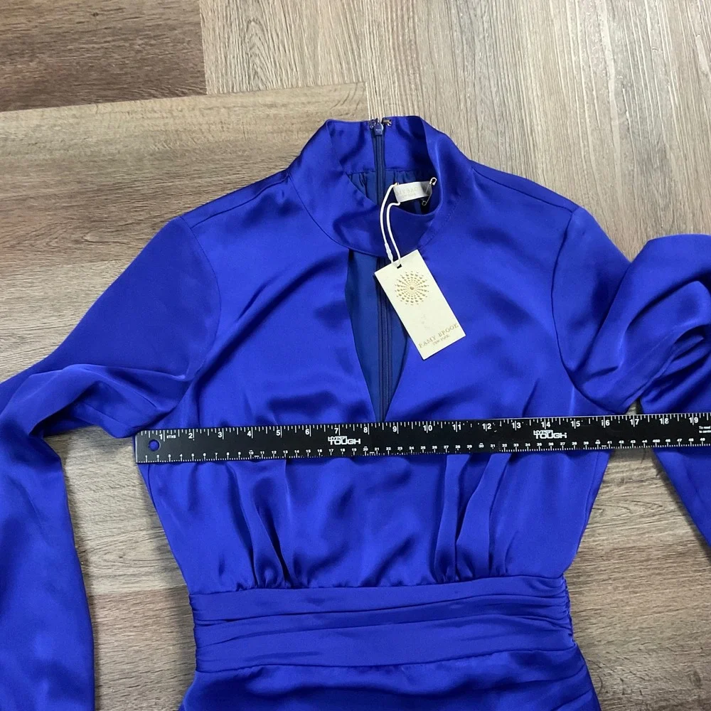 NWT Ramy Brook Angela Satin Mock Neck Keyhole Mini Dress Womens 0 Blue Purple